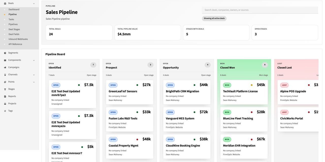Deal Flow Kanban pipeline board inside Mautic, showing deal cards moving across named stages with values and owners