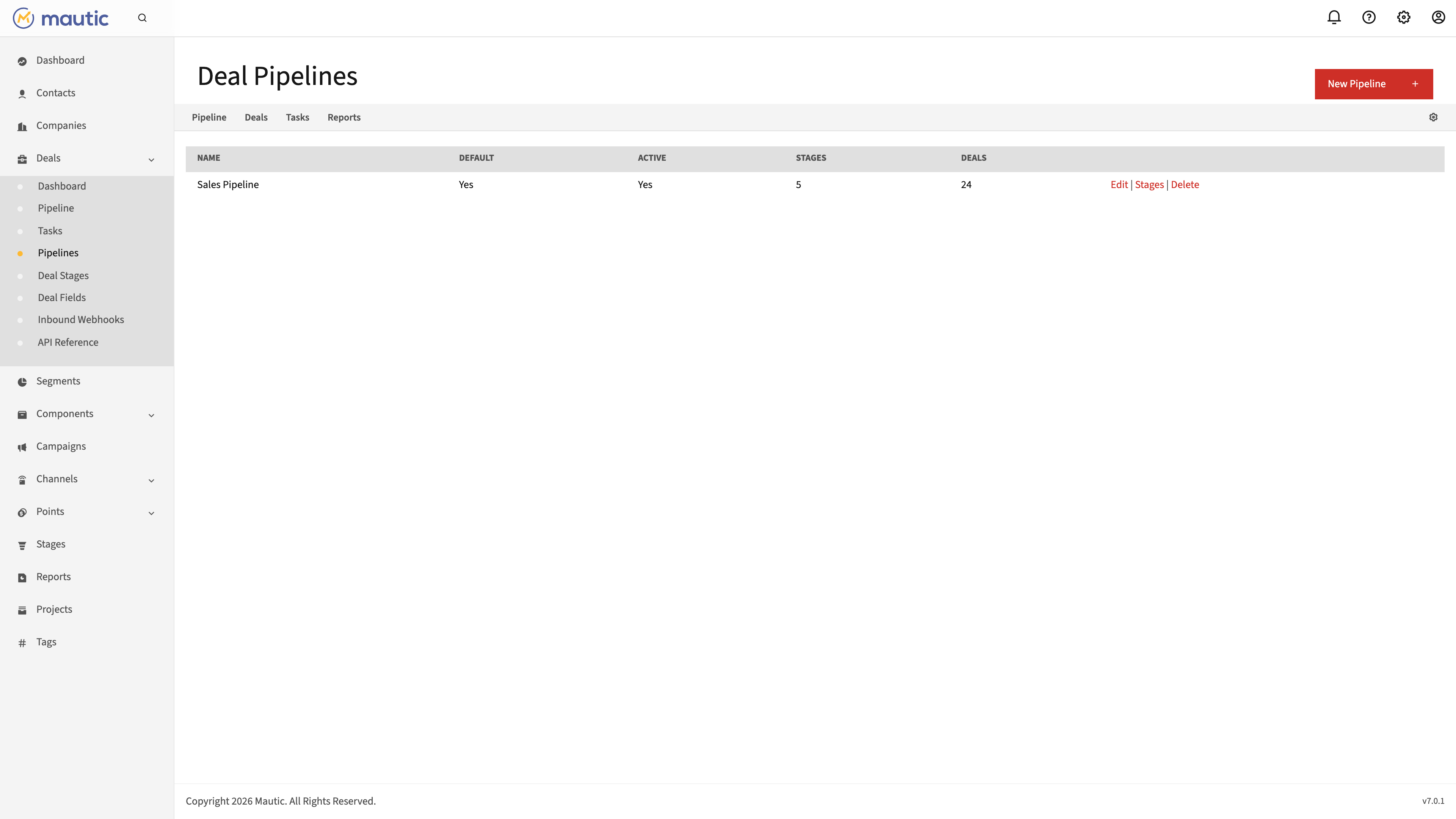 Pipeline settings showing stage configuration and campaign integration options