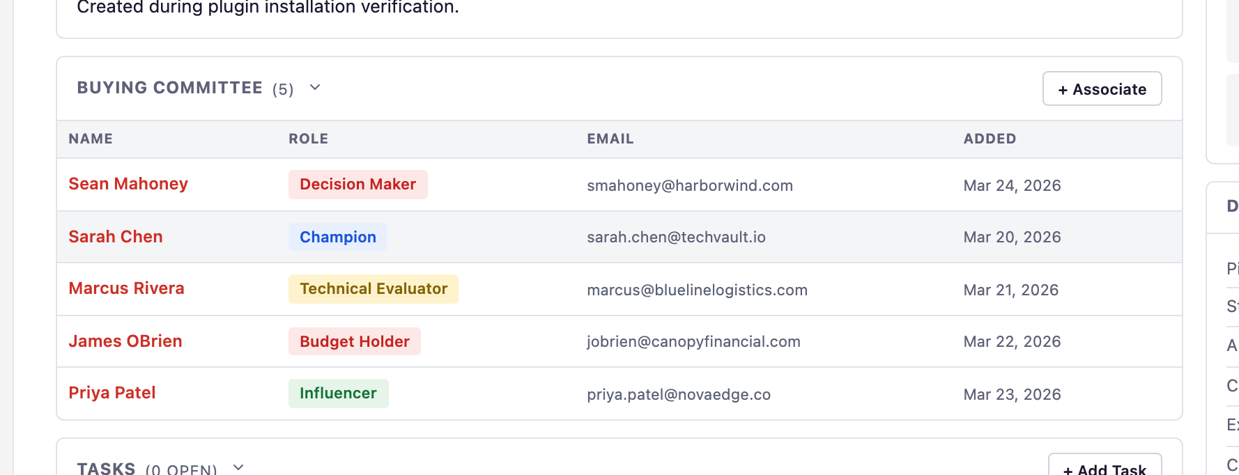 Deal Flow deal detail page showing multiple contacts attached to one deal, each labeled with a buying-committee role